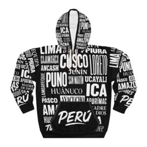 Peru Typography Hoodie | Sudadera con Capucha de Perú | Regiones del Perú en Tipografía | Streetwear de Orgullo Peruano | Hoodie Unisex